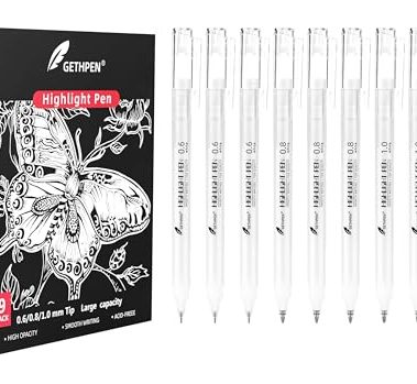 GETHPEN White Gel Pens - Fine, Medium & Bold Tip Ink Pens for Journaling, Art, or Drawing- For Holiday Gifts & DIY Projects - White Ink, Archival Ink Pens -0.6/0.8/1.0 Assorted Tip Sizes -9 Pack