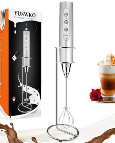 YUSWKO Silver Rechargeable Milk Frother for Coffee with Stand, Handheld Drink Mixer with 3 Heads 3 Speeds Electric Stirrers for Latte, Cappuccino, Hot Chocolate, Egg