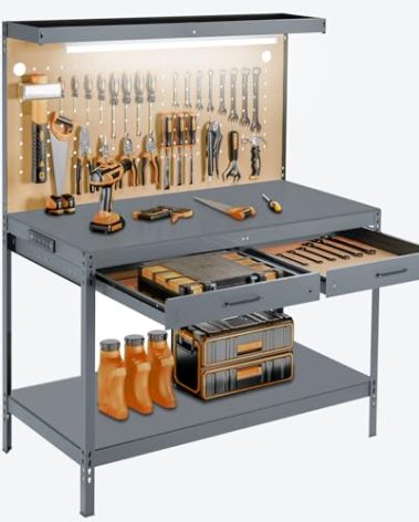 Work Bench, Workbench with Power Outlets and Light, A3 Steel Work Table with Drawers, Pegboard, 600LBS Capacity Garage Workbench, Heavy Duty Work Benches for Garage Workshop, Basement, Tool Table