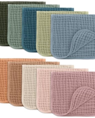 Comfy Cubs Muslin Burp Cloths 20" x 10", Pack of 10 - Large, 6-Layer, Ultra Absorbent 100% Cotton for Baby Drool and Messes - Soft, Safe & Gentle Baby Burp Cloths for Boys & Girls - Multi