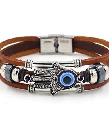 Leather Evil Eye Bracelet Wristband Vintage Three-Row Leather Hamsa Hand Blue Eyes Bracelet Retro Multi-Layer Rope Wrap Bracelet Handmade Devil's Eye Bangle Strand Bracelet Turkish Jewelry - Style B