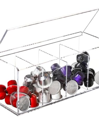 Suwimut Acrylic Coffee Pod Holder with Lid, 4 Compartments Coffee Capsule Storage Organizer for Tea Bag, Sugar Packets, Clear Acrylic Storage Box for Kitchen Counter