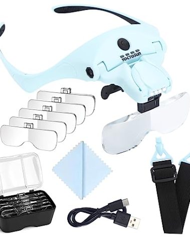 YOCTOSUN Magnifying Glasses with Light for Close Work, Head Magnifier with 4 LED Lights and 5 Detachable Lenses 1X to 3.5X,Rechargeable Hands Free Headband Magnifier Glasses for Crafts, Hobby