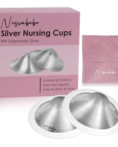 Nisxabebe The Original Silver Nursing Cups-Nipple Shields for Breastfeeding Newborn-Breast Feeding Essentials Must Haves-Nipple Covers to Protect Nursing Nipples,Trilaminate 999 Silver,Regular Size