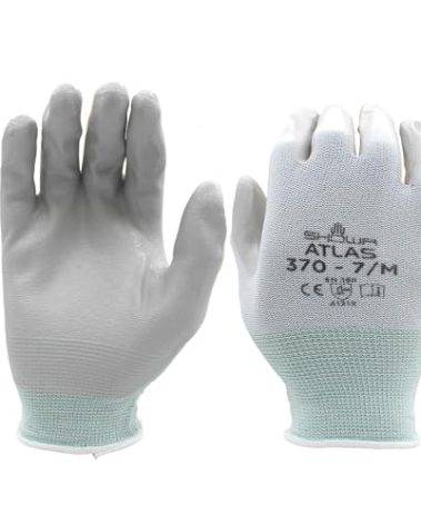 SHOWA Atlas 370 Nitrile Palm Coated General Purpose Work Gloves with Nylon Liner, White, Medium (12 Pair)