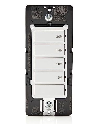 Leviton Countdown Switch for bathroom household lights, 5-10-15-30 min, Neutral Wire Required, 20A, 1HP/16A Fan/Motor, Single Pole, Multi-Way or Multi-Timer, DT230-1LW, White