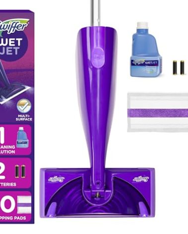 Swiffer WetJet Hardwood and Floor Spray Mop Cleaner Starter Kit, Includes: 1 Power Mop, 10 Pads, Cleaning Solution, Batteries