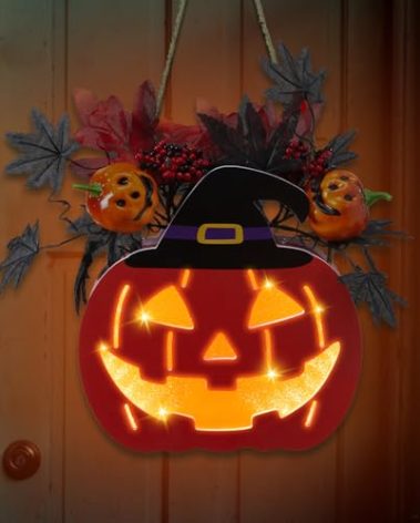 Louxiar Halloween Door Decorations, Halloween Wreath Decorations Double-Sided Pumpkin with Timer Function, Light up Jack O Lantern for Front Door Window Wall Outside Decor, Battery Operated, 11 Inch