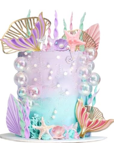 Mermaid Cake Topper Big Mermaid Tails Seaweed Bubbles Shells and Golden Ginkgo Leaves Cake Set for Mermaid Under the sea Cake Decor