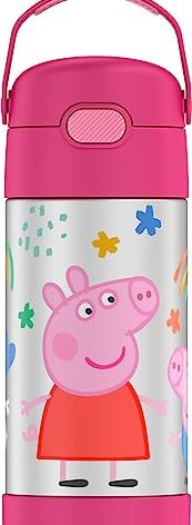 THERMOS FUNTAINER Water Bottle with Straw - 12 Ounce - Kids Stainless Steel Vacuum Insulated Water Bottle with Lid, Peppa Pig