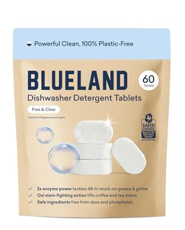 BLUELAND 100% Plastic-Free Dishwasher Detergent Tablets, 60 Count, Free & Clear, Eco-Friendly Dishwashing Pods, Natural, Sustainable