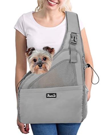 SlowTon Pet Dog Sling Carrier, Hands Free Hard Bottom Papoose Small Animal Puppy Up to 12 lbs Travel Bag Tote Breathable Mesh Support Adjustable Padded Strap Pocket Safety Belt Machine Washable