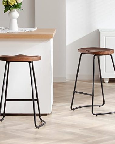 HeuGah Bar Stools, Solid Wood Barstools Set of 2, 26" Counter Height Bar Stools with Metal Leg, Rustic Backless Bar Stool for Kitchen Island, Bar Chairs with Solid Wood Saddle Seat (Walnut, 26 Inch)
