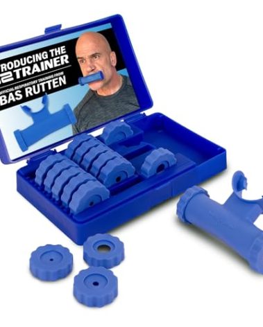 Bas Rutten O2Trainer: Breathing Muscle Training Device – Lung Power & Endurance Tool for Athletes, Singers & High-Altitude Performance – Diaphragmatic Respiratory Trainer – 16 Resistance Caps – Blue