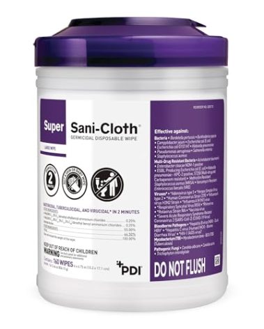 Super Sani-Cloth Germicidal Disposable Wipe - Fast 2-Minute Contact Time, Great for High-Touch Surfaces and Devices - Large Canister, 6 in. x 6.75 in., 160 Wipes, 3 Packs, 480 Total