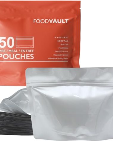 FoodVault 50-Pack MRE Mylar Bags [8 Mil per Side - 9" x 6.5" x 4.25"] Stand-Up Zipper Pouches Perfect for Freeze Drying, Backpacking & Long-Term Food Storage