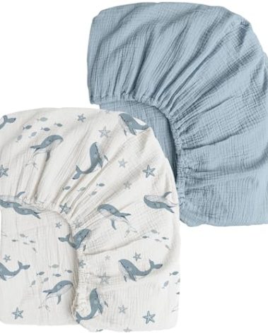 Konssy Muslin Crib Sheets 2 PCS, 100% Cotton Baby Crib Sheets for Standard Crib Mattress (28"x 52"), Soft and Breathable for Boys, Girls (Blue Whale,Blue)
