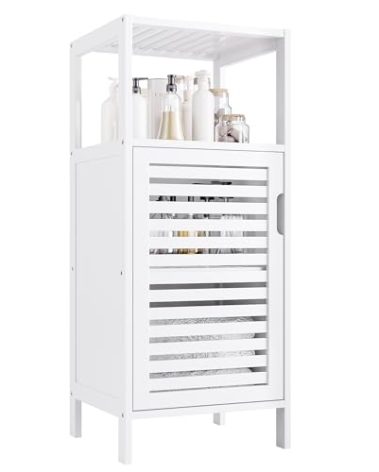 HITNET Bamboo Bathroom Storage Cabinet, 4 Tier Small White Floor Cabinet with Single Door, Free Standing Slim Narrow Storage Organizer for Bedroom Living Room