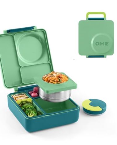 OmieBox Bento Box for Kids - Insulated Bento Lunch Box with Leak Proof Thermos Food Jar - 3 Compartments, Two Temperature Zones - (Meadow)