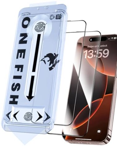 OneFish Screen Protector Glass for iPhone 16e/13/13PRO/14, 9H Glass Scratch Resistant, Dynamic Island Compatible, HD Clarity Tempered Film with Installation Frame, Easy Installation, 2Pack.
