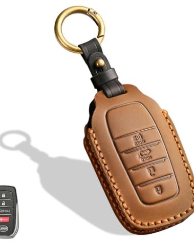 Aoocar Leather Key Fob Cover, Compatible with Toyota Tundra Corolla Cross Venza Sequoia Highlander Avalon RAV4 Camry C-HR Prius, No Screw Design Key Holder Protector(4 Button, Brown)