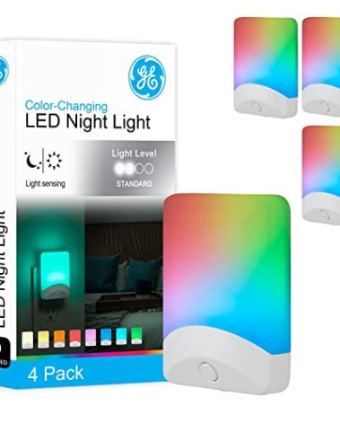 GE Color Changing LED Night Light for Kids, Dusk to Dawn Sensor, Home Decor Apartment Essentials, Wall Lights for Bedroom, Ambient Lighting, Nightlights Plug In, 50860, 4-Pack