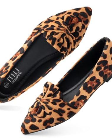 MUSSHOE Women's Pointed-Toe Ballet Flatï¼ Bowknot Dressy Flats Comfortable Memory Foam Shoes - Wedding Party Business Work Office Leopard Black 41.5