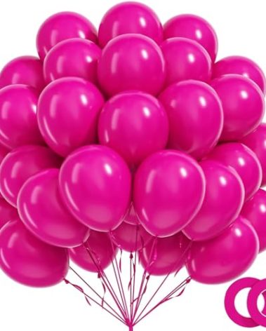 BAUANOOY 100pcs Hot Pink Balloons 12 inch, Bright Pink Latex Balloons with Pink Ribbon for Birthday Wedding Engagement Bridal Bachelorette Tropical Party Decorations