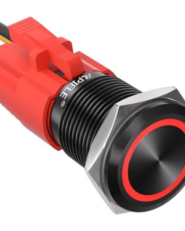 APIELE 16mm Latching Push Button Switch 12V DC On Off Black Shell with LED Angel Eye Head for 0.63" Mounting Hole with Wire Socket Plug Self-Locking (Red/Black Shell)