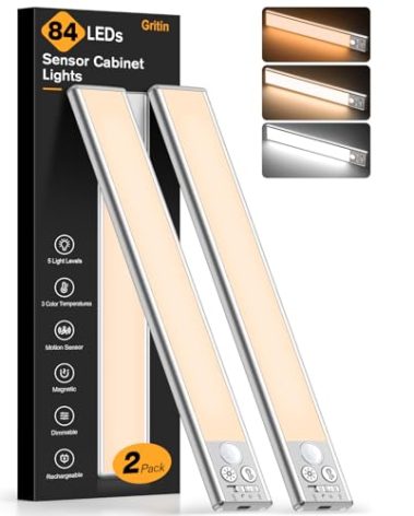 Gritin 10.2inch Under Cabinet Lighting Rechargeable -84 LED Super Bright,3-Color& 5 Level Brightness,4 Modes,Motion Sensor,Long Lasting- Easy Installation Magnetic Under Cabinet Closet Lights -2 Pack