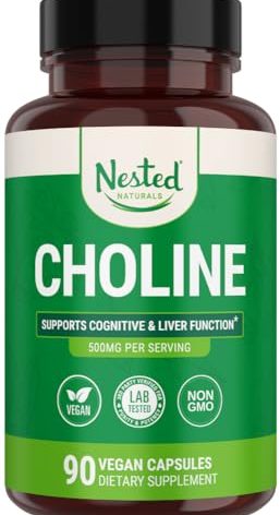 Nested Naturals Choline Bitartrate 500mg - High Potency Choline Supplements - Supports Cognitive Performance & Liver Function - 100% Vegan & Non-GMO Choline - 90 Vegan Capsules