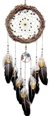 Tree of Life Dream Catcher, Handmade Woven Traditional Craft Rattan Dream Catchers Wall Hanging Ornament,7 Chakras Crystal Healing Stones Art for Bedroom Decor, Festival Blessing Gift (Dark Brown)