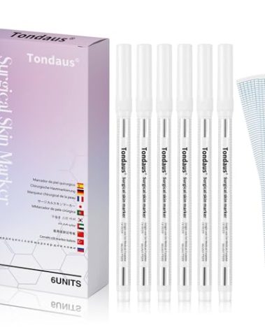 TONDAUS 6Pcs Professional Surgical Tip Skin Marker Pen White Stencil Markers Pen with Paper Ruler for Eyebrow, Tattoo Skin Marking Individually Wrapped 1.0 MM