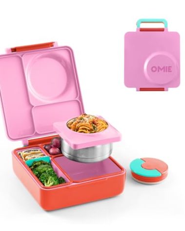 OmieBox Bento Box for Kids - Insulated Bento Lunch Box with Leak Proof Vacuum Insulated Food Jar - 3 Compartments, Two Temperature Zones (Pink Berry)