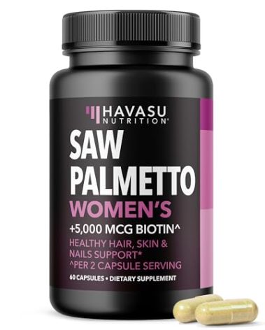 Saw Palmetto for Women with Biotin 5000mcg - Powerful DHT Blocker to Support Hair, Skin, and Nail Health - 60 Count - Vegan, Non-GMO Vitamin for Stronger, Fuller Looking Locks - 1 Month Supply
