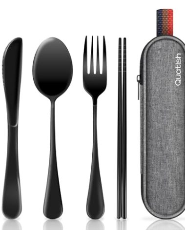 Travel Utensils with Case, Quatish Portable Silverware Set for Work, Stainless Steel Reusable Travel Cutlery Set, Fork and Spoon Set for Camping, Picnic, Gadgets, Lunch Box for Men, Black