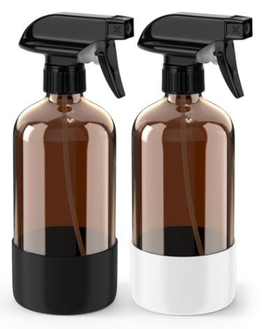 Bontip Glass Spray Bottle with Silicone Sleeve Protection, Amber Glass Spray Bottle Set for Window Cleaner Aromatherapy Facial Hydration Watering Flowers Hair Care 2 Pack/16 oz (Black & White, 16 oz)