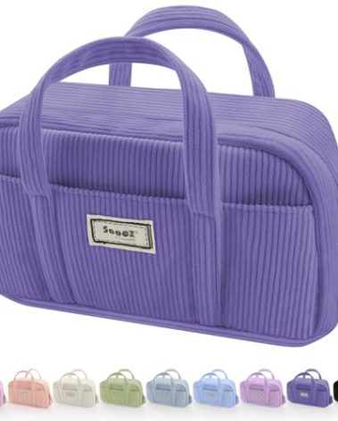 Sooez Large Pencil Case Pouch, Extra Big Pencil Bag with 5 Compartments, Pen Bag Wide Opening, Soft Corduroy Pencil Pouch Organizer with Zipper, Cute Aesthetic School Supplies for Teen Girls-Purple