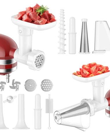Fruit and Vegetable Strainer Attachment for Kitchenaid Stand Mixer, Includes Food Grinder Attachment for Kitchenaid Mixers, with Sausage Stuffer Tubes and Fruits Jucier Auger Strainer By HOZODO