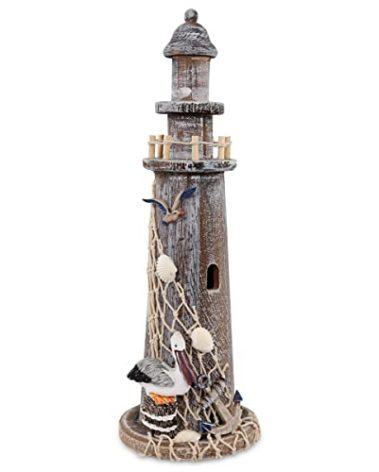 CoTa Global Brown Wooden Lighthouse Decor - Handcrafted Nautical Lighthouse Table Top Centerpiece with Pelican , Fishing Net, Seashells and Anchor Decor, Lighthouse Outdoor Decor - 14.25 Inches