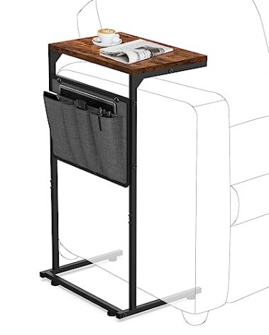 Vantic C Shaped End Table, Small Side Table for Couch and Recliner, Slide Under Sofa Tray Desk with Storage Bag for Living Room and Bedroom, Rustic Brown