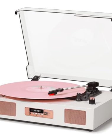 Vinyl Record Player Vintage Wireless Bluetooth Record Player with Stereo Speakers, USB/TF Card Recording, LP Player with 3 Speed Belt Drive Turntable Support RCA Line-Out AUX Input EQ,White& Rose Gold