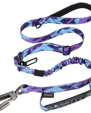 Hotsky Tactical Dog Leash Heavy Duty for Medium Large Dogs That Pull,4-6Ft Strong Bungee Shock Absorbing No Pull Dog Leash with Padded Double Handle and Car Seatbelt,Purple Camo