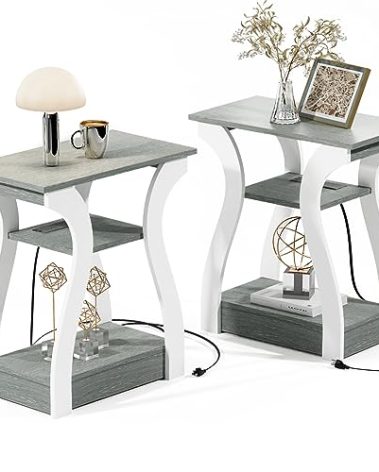 FROMJBEST End Tables Living Room Set of 2,Grey End Table with Charging Station,Grey Side Table, Nightstand for Bedroom, 3 Tier End Table with Storage Shelf for Living Room