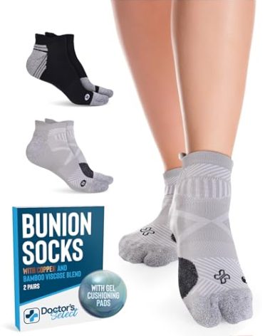 Doctor's Select 2 Pairs Bunion Socks for Women and Men - Copper & Bamboo Viscose Infused Bunion Relief Socks with Toe Separator | Black & Gray