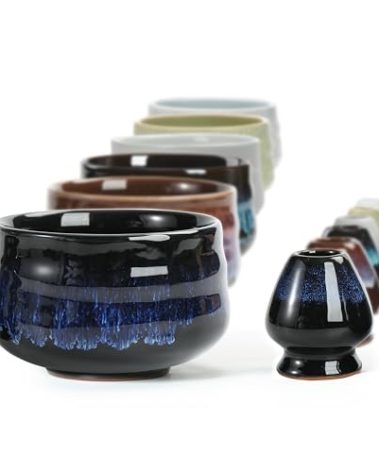 TEANAGOO 2 Pcs Matcha Bowl, Ceramic 18 OZ Matcha Bowl Set and Whisk Holder(Chawan), Blue Matcha Cup with Stand, Green Tea Mixing Bowl, Gift Set for Matcha Lover,Traditional Ceremonial Accessories