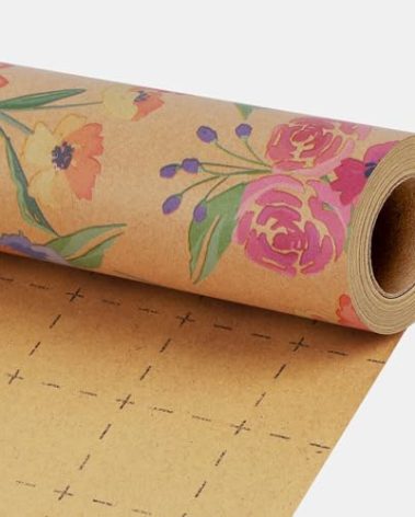 BIOBROWN Kraft Floral Wrapping Paper Roll - 17 Inches X 33 Feet (47 sq. ft. ttl.) Vintage Boho Rose Design Flower Gift Wrap for Wedding, Bridal Shower, Mothers Day, Holiday