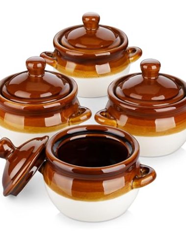 LOVECASA 22 OZ French Onion Soup Bowls with Lid, Porcelain Soup Crocks with Handles,Oven Safe Serving Bowls for Soup, Beef Stew, Cereal, Pot Pies, lasagna,Chilli,Set of 4