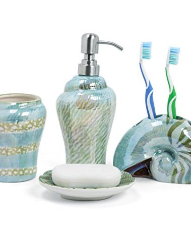 FORLONG Ocean Conch Sea Shell Ceramic Bathroom Accessories Set of 4,1 Gargle Cups 1 Toothbrush Holders 1 Soap Dishes 1 Soap Dispenser (Green)