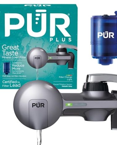 PUR PLUS Horizontal Faucet Mount Water Filtration System with 3-in-1 Lead Reducing Filter for Great-Tasting Filtered Tap Water, Lasts 100 Gallons, Fits Most Kitchen or Bathroom Faucets, Metallic Grey